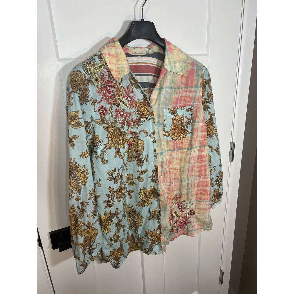 Soft Surroundings Boho Long Line Embroidered Floral Cotton Shirt Tunic Size L - Picture 2 of 8
